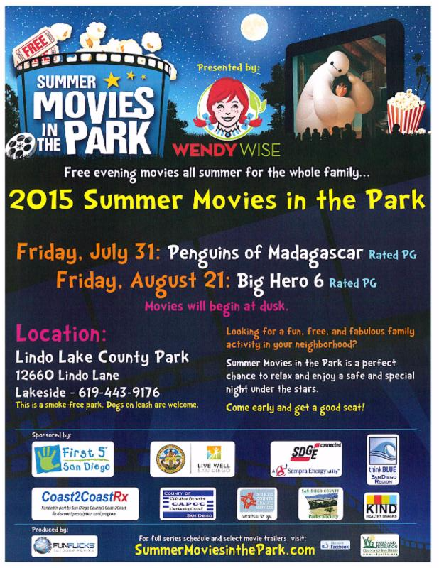 SUMMER MOVIES IN THE PARK AT LINDO LAKES IN LAKESIDE JULY 31 AND AUGUST