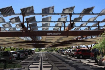 Solar PV shades parking lot in Las Vegas--an option preferred by Solar Done RIght and other groups.